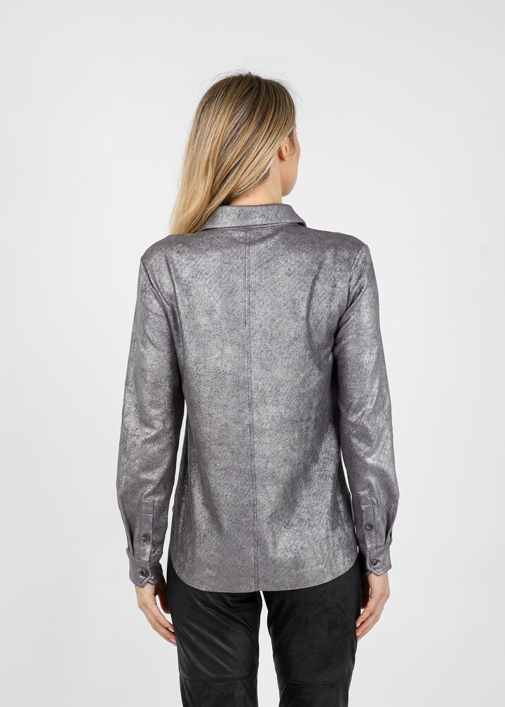 Lysse Connie Patent Foil Vegan Suede Shacket in Metallic Silver available at Barbara Katz
