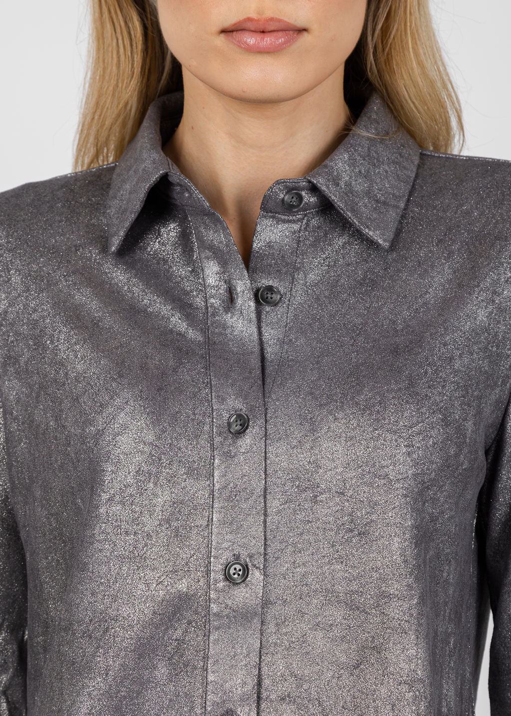 Lysse Connie Patent Foil Vegan Suede Shacket in Metallic Silver available at Barbara Katz