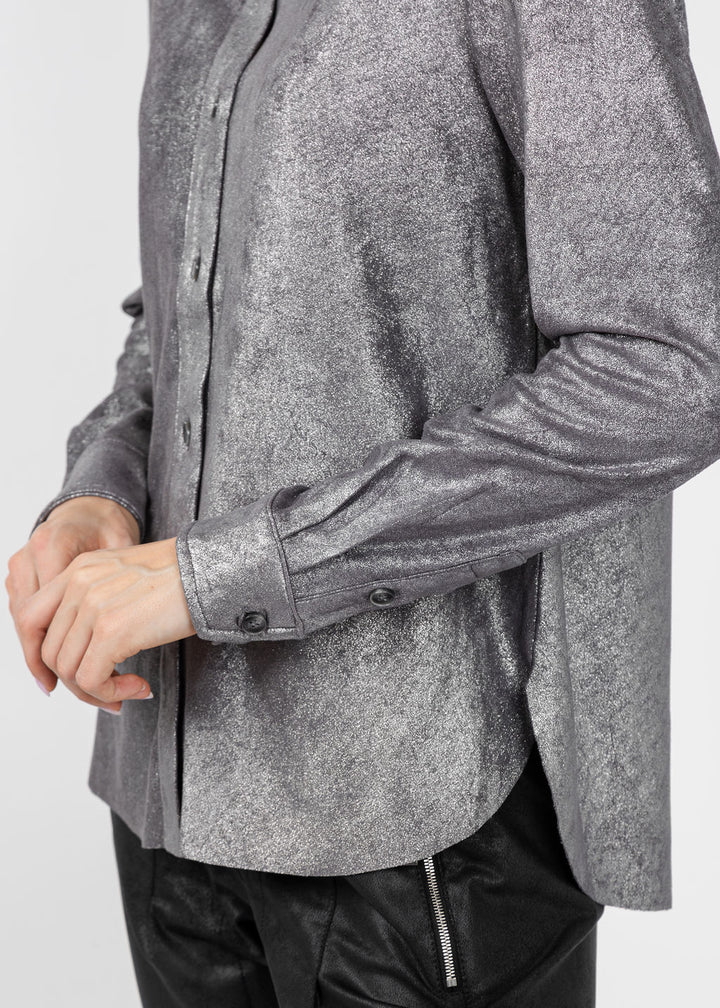 Lysse Connie Patent Foil Vegan Suede Shacket in Metallic Silver available at Barbara Katz