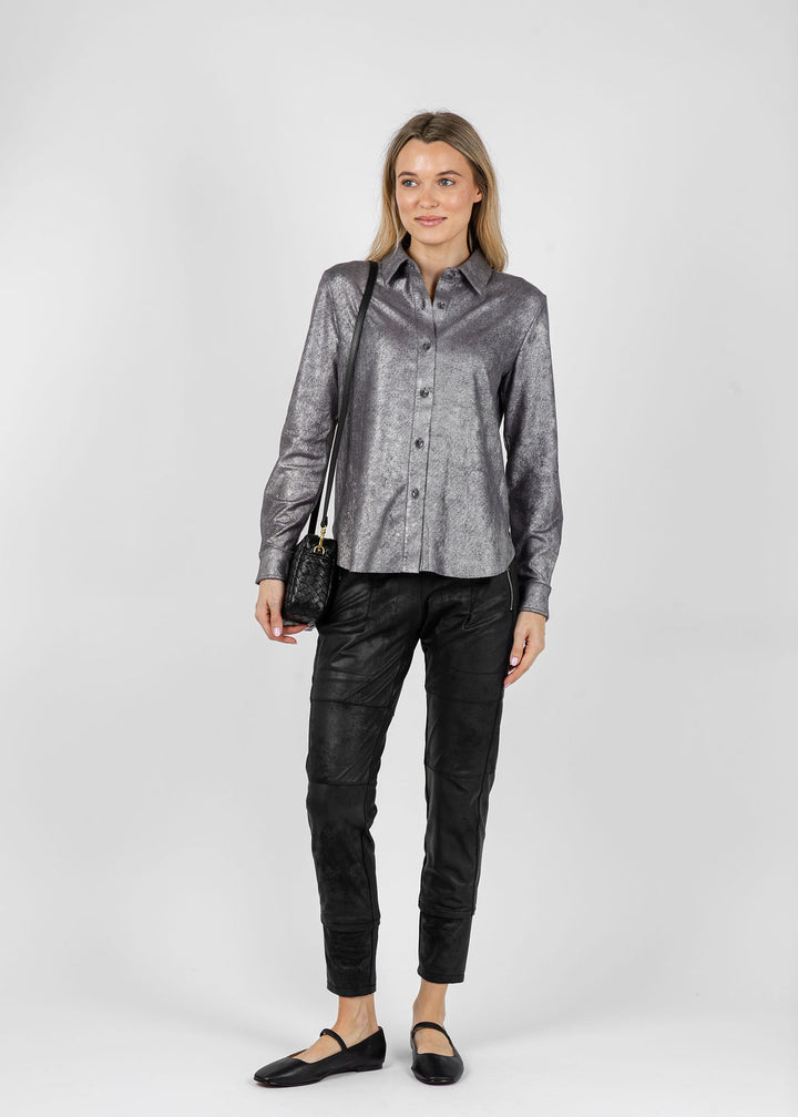 Lysse Connie Patent Foil Vegan Suede Shacket in Metallic Silver available at Barbara Katz