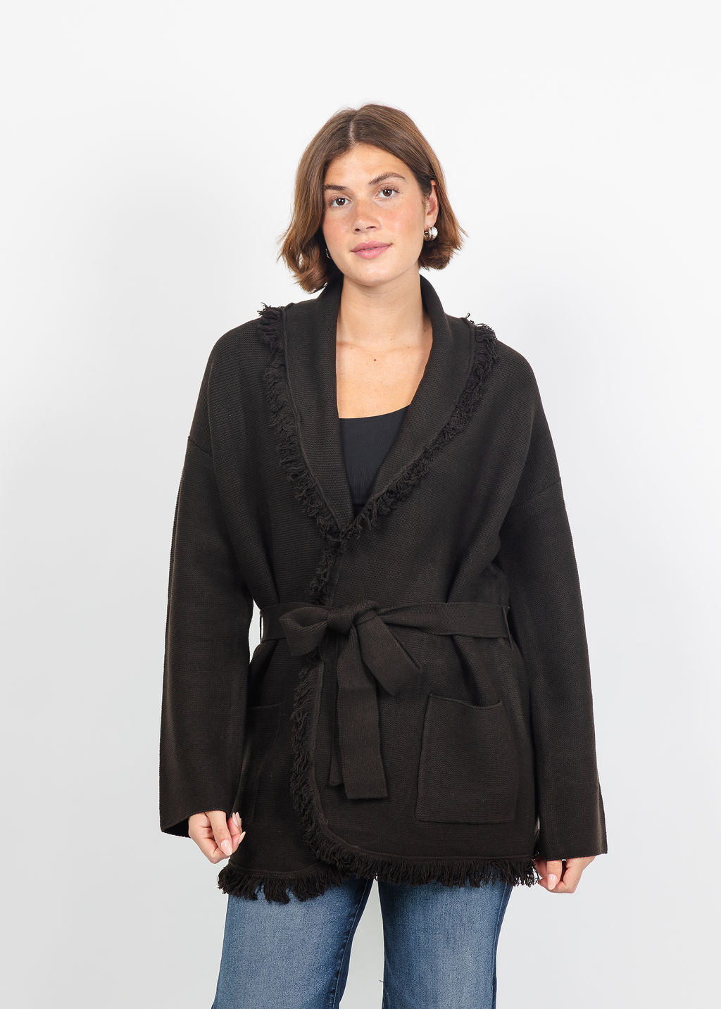 Lysse Dixie Fringe Belted Cardigan in Double Espresso available at Barbara katz