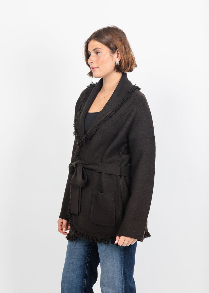Lysse Dixie Fringe Belted Cardigan in Double Espresso available at Barbara katz
