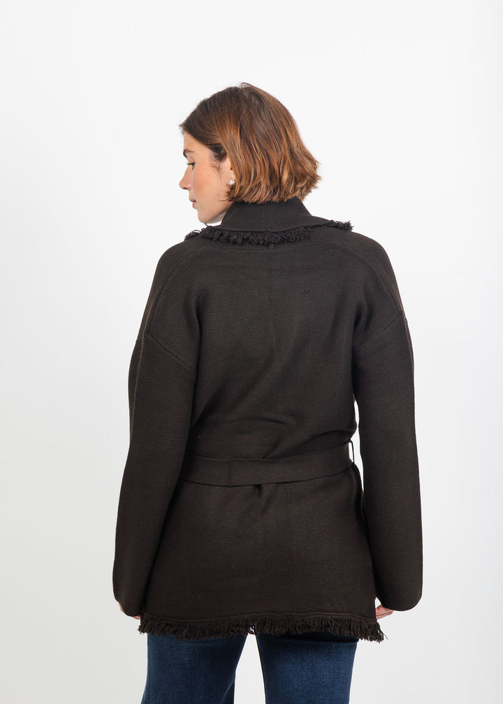 Lysse Dixie Fringe Belted Cardigan in Double Espresso available at Barbara katz