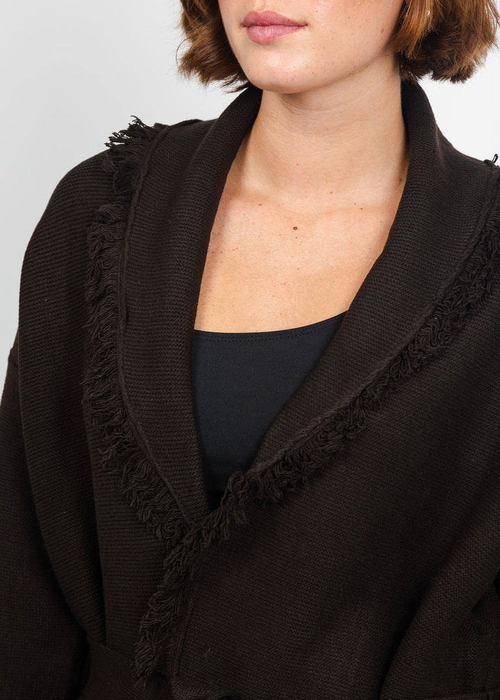 Lysse Dixie Fringe Belted Cardigan in Double Espresso available at Barbara katz
