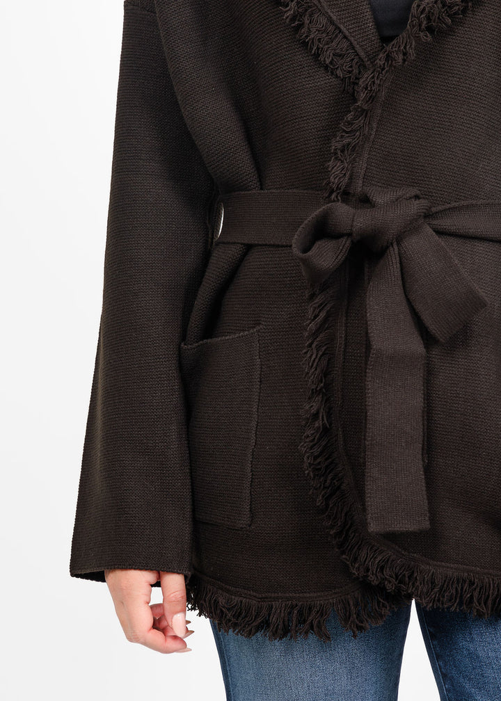 Lysse Dixie Fringe Belted Cardigan in Double Espresso available at Barbara katz