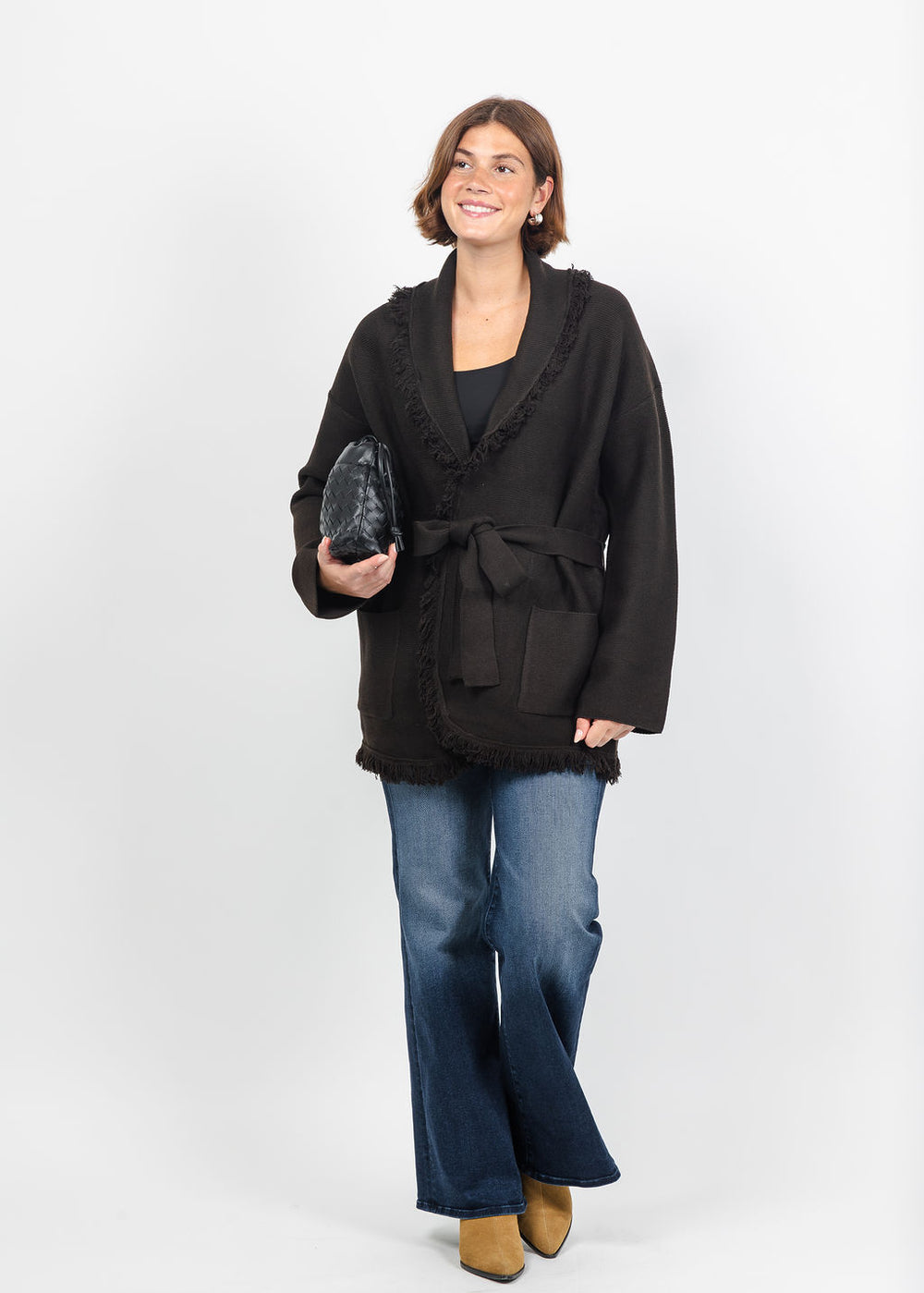 Lysse Dixie Fringe Belted Cardigan in Double Espresso available at Barbara katz