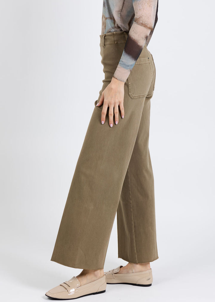 Lysse Erin High Waist Wide Leg Denim Pants in Antique Wash Smoked Olive available at Barbara Katz