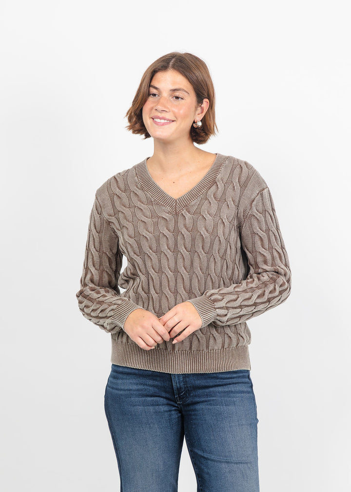 Lysse Farrah Sunwashed V-Neck Sweater in Frosted Cocoa available at Barbara Katz
