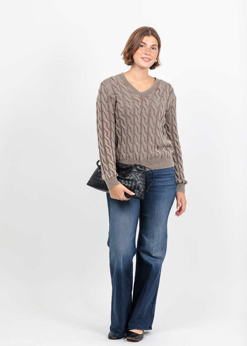 Lysse Farrah Sunwashed V-Neck Sweater in Frosted Cocoa available at Barbara Katz