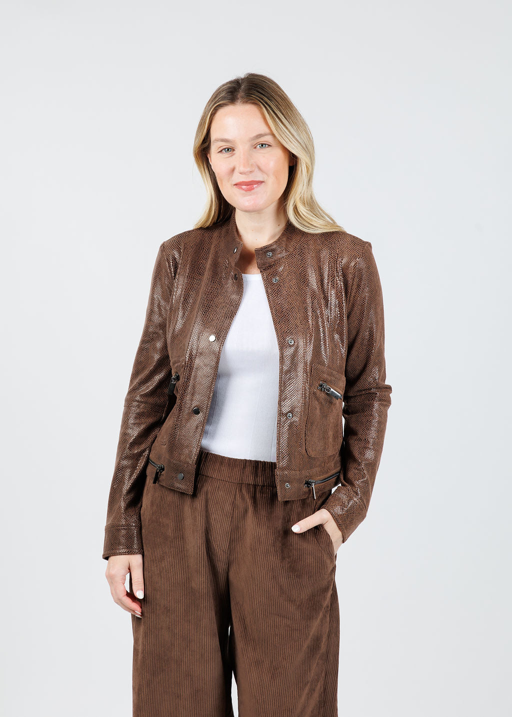 Lysse Foil Vegan Suede Moto Jacket in Robust Brown Snake available at Barbara Katz