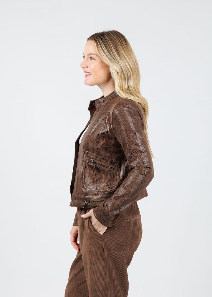 Lysse Foil Vegan Suede Moto Jacket in Brown available at Barbara Katz
