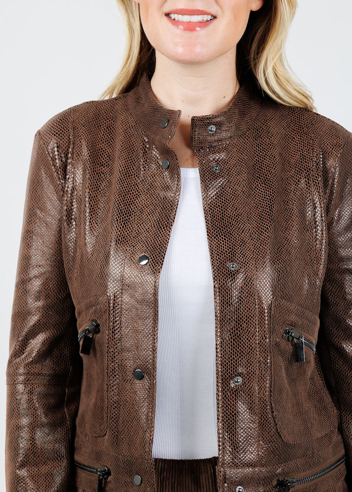 Lysse Foil Vegan Suede Moto Jacket in Brown available at Barbara Katz