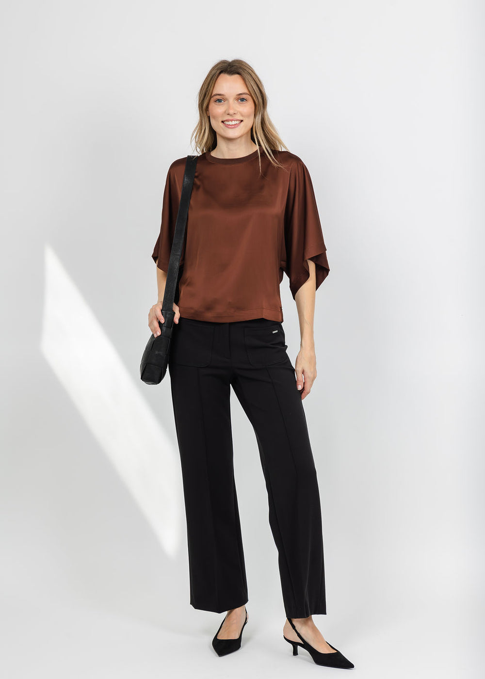 Lysse Ginger Mix-Media Dolman Tee - Maple paired with Raffaello Rossi Miley Techno Stretch Pant - Black available at Barbara Katz