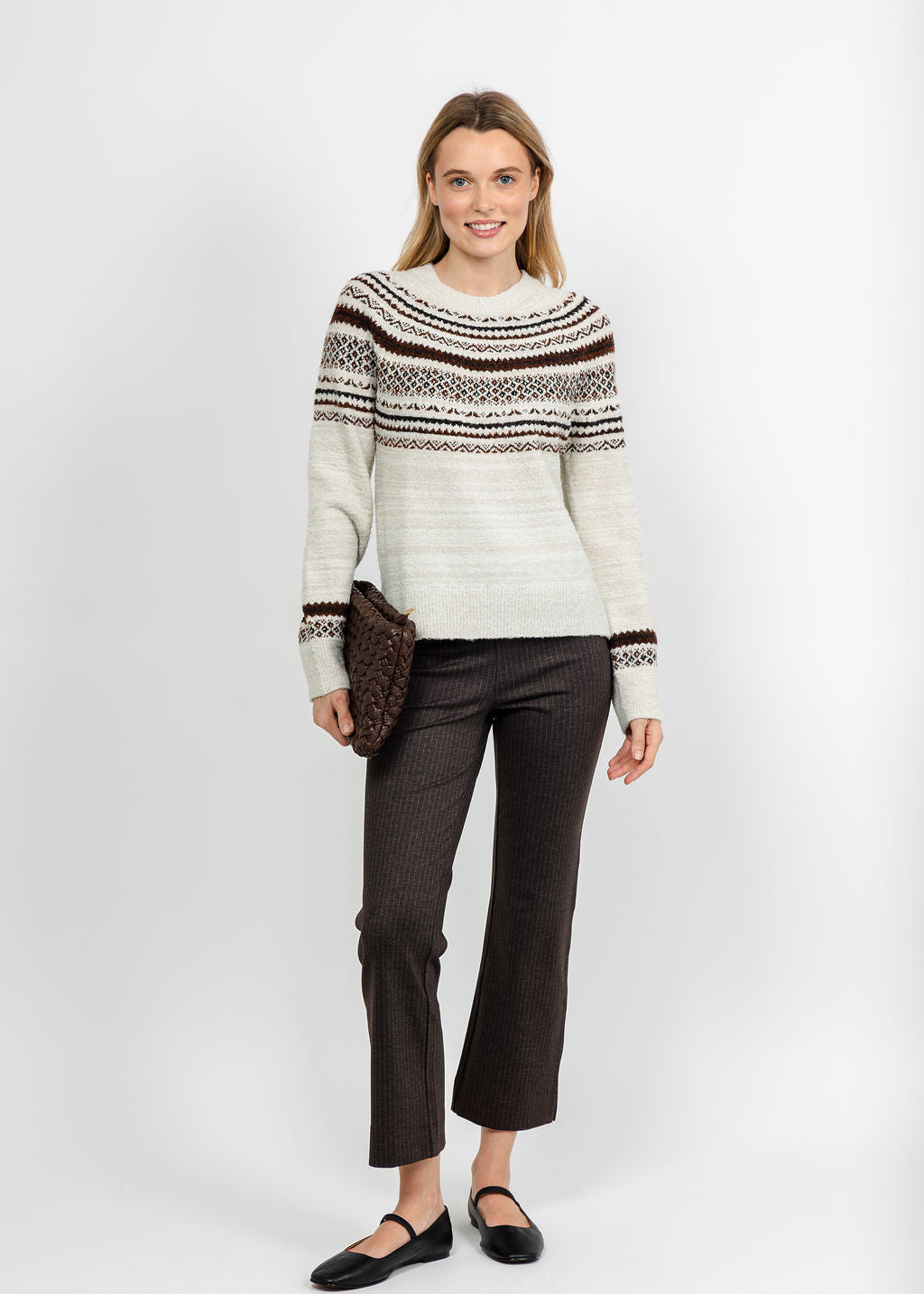 Lysse Harriet Fair Isle Sweater - Fair Isle Jacquard paired with Lysse Baby Boot Ankle Pant - Hairline Stripe available at Barbara Katz