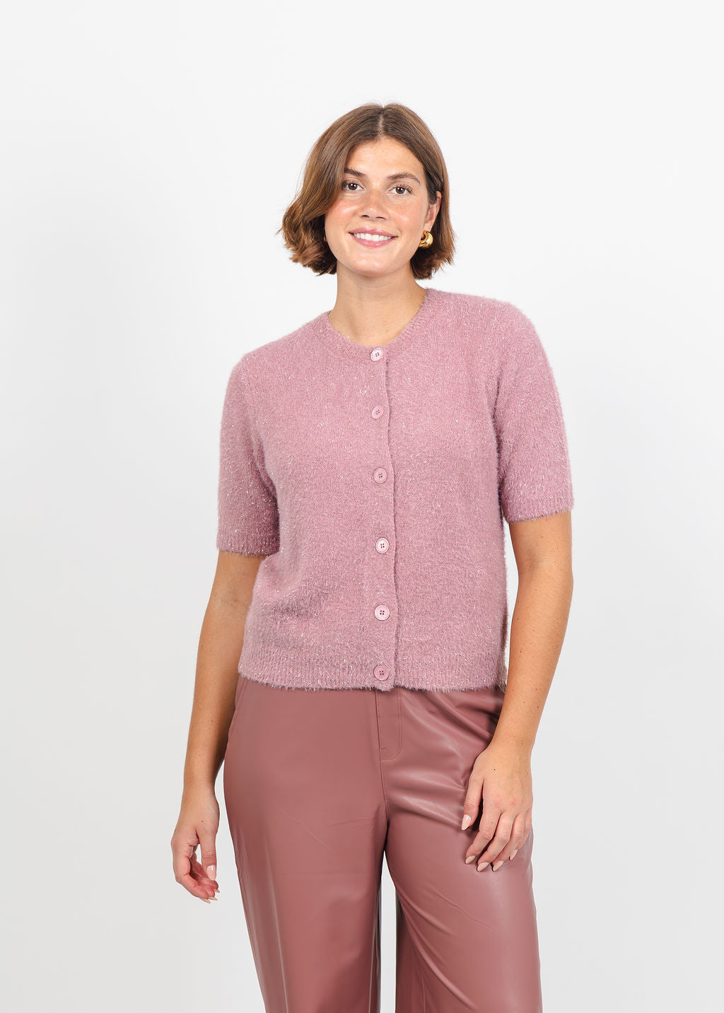 Lysse Opalite Short Sleeve Lurex Feather Cardigan in Antique Rose available at Barbara Katz