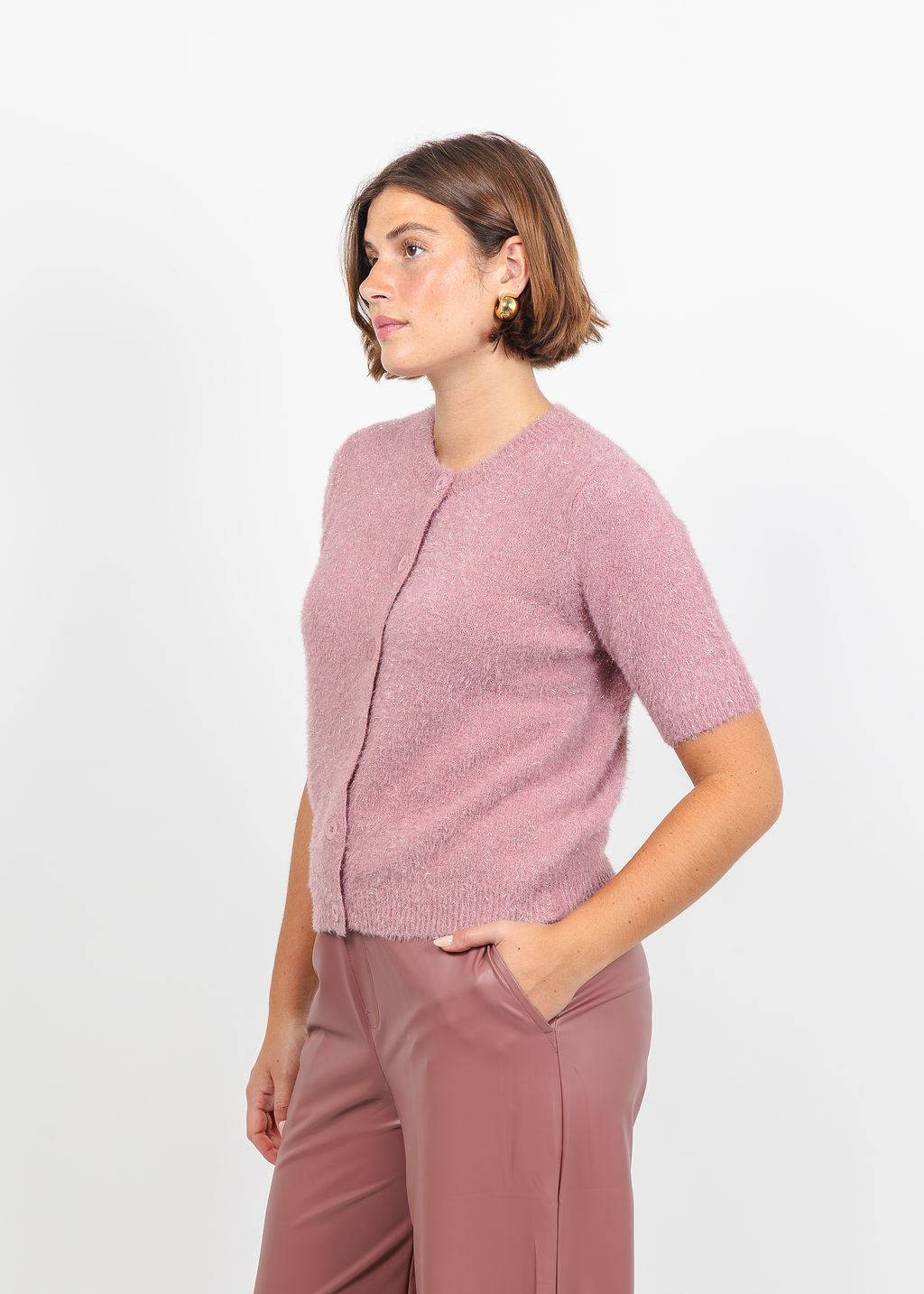 Lysse Opalite Short Sleeve Lurex Feather Cardigan in Antique Rose available at Barbara Katz