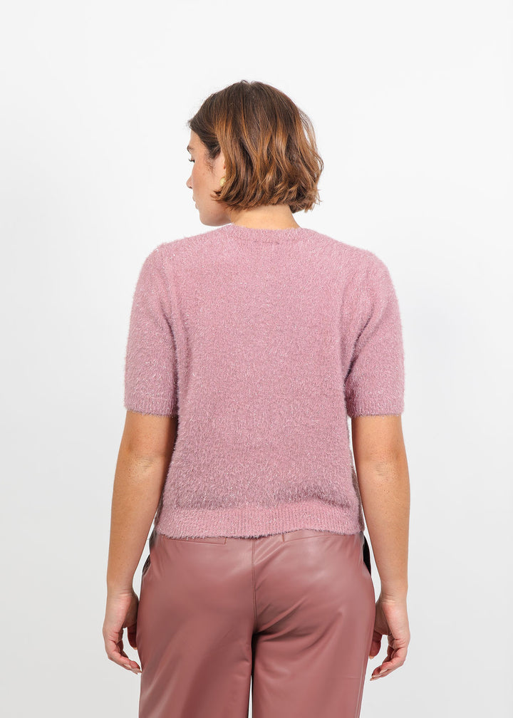 Lysse Opalite Short Sleeve Lurex Feather Cardigan in Antique Rose available at Barbara Katz