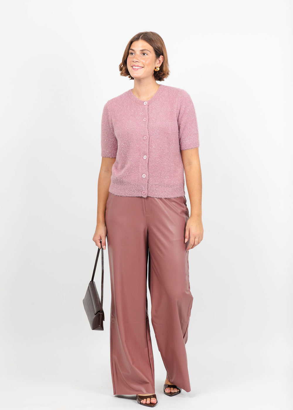Lysse Opalite Short Sleeve Lurex Feather Cardigan and Ada Pull-On Transeasonal Vegan Leather Trouser in Antique Rose available at Barbara Katz