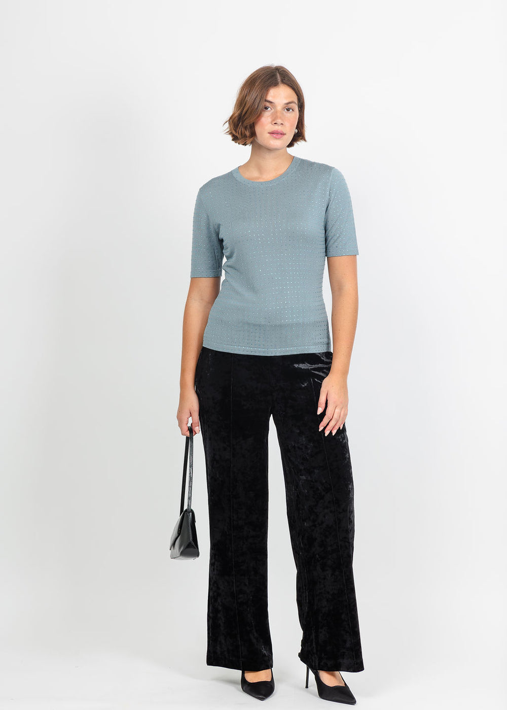 Marella Pacche Sequin Tee in Light Blue paired with Lysse Shay Crushed St Velvet Suit Pant in Black available at Barbara Katz