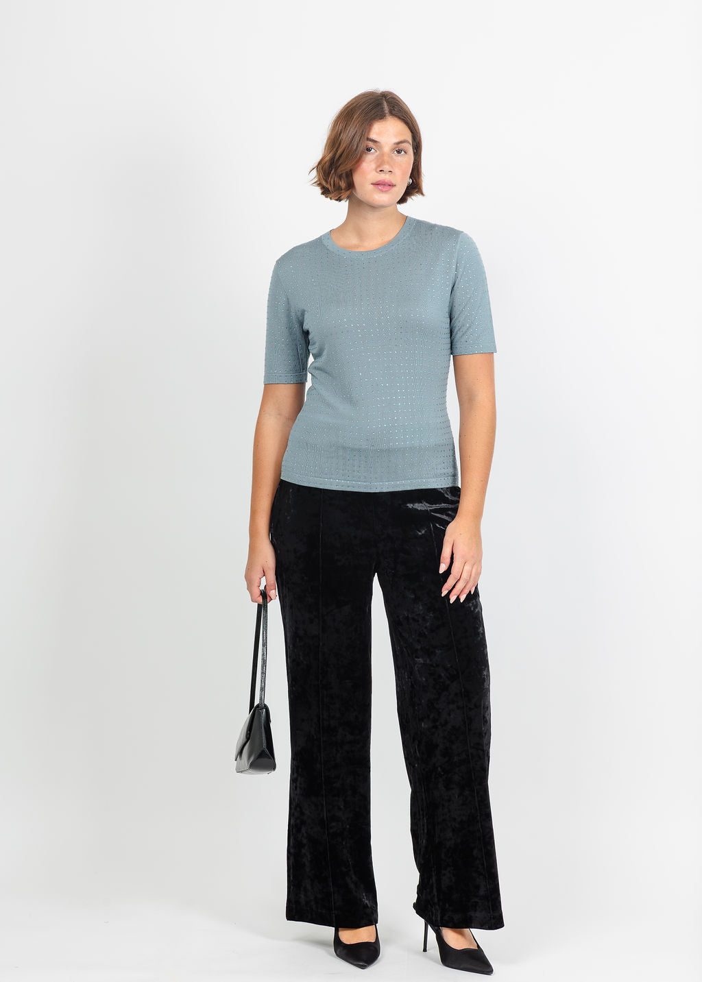 Marella Pacche Sequin Tee in Light Blue paired with Lysse Shay Crushed St Velvet Suit Pant in Black available at Barbara Katz