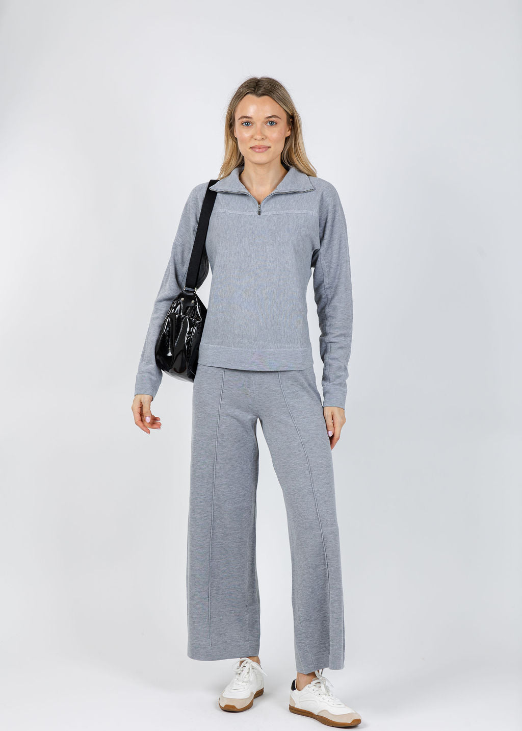 Lysse Viola Knit Lounge Sweatshirt in Grey Melange paired with matching Lysse Violeta Knit Lounge Wide Leg Pants available at Barbara Katz