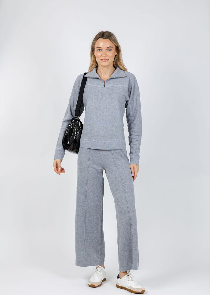 Lysse Viola Knit Lounge Sweatshirt in Grey Melange paired with matching Lysse Violeta Knit Lounge Wide Leg Pants available at Barbara Katz