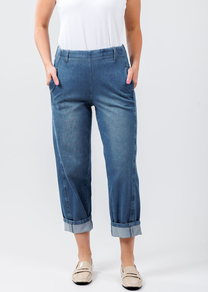 Lysse Winslet Cuffed Barrel Crop Denim in Mid Wash available at Barbara Katz