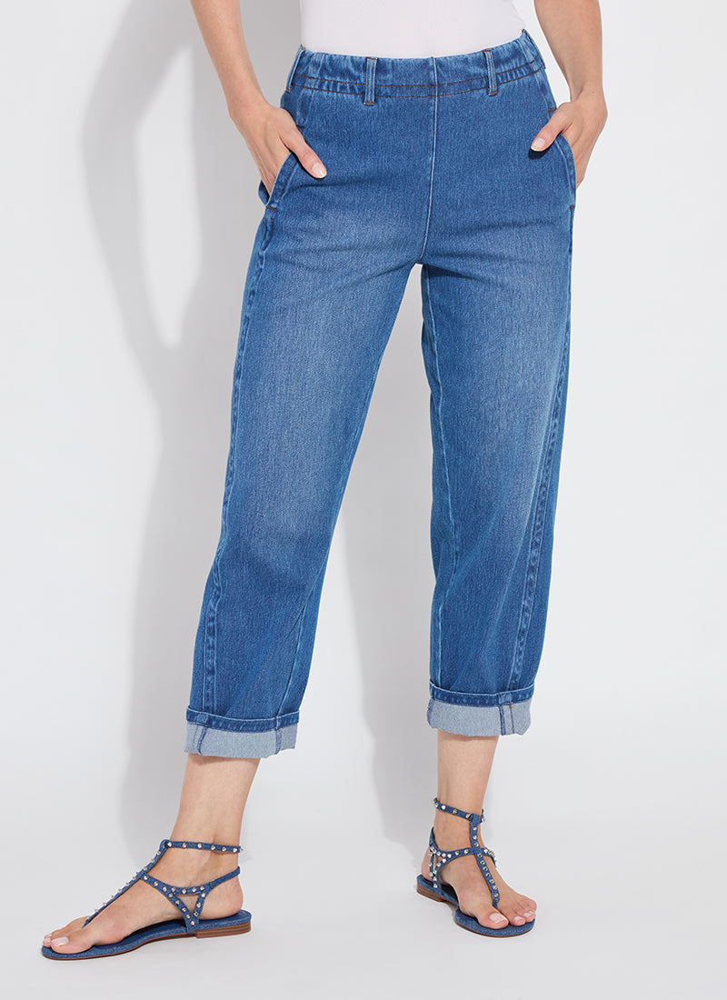 Lysse Winslet Cuffed Barrel Crop Denim in Mid Wash available at Barbara Katz