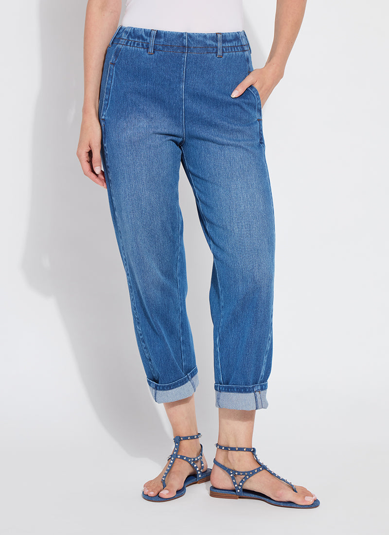 Lysse Winslet Cuffed Barrel Crop Denim in Mid Wash available at Barbara Katz