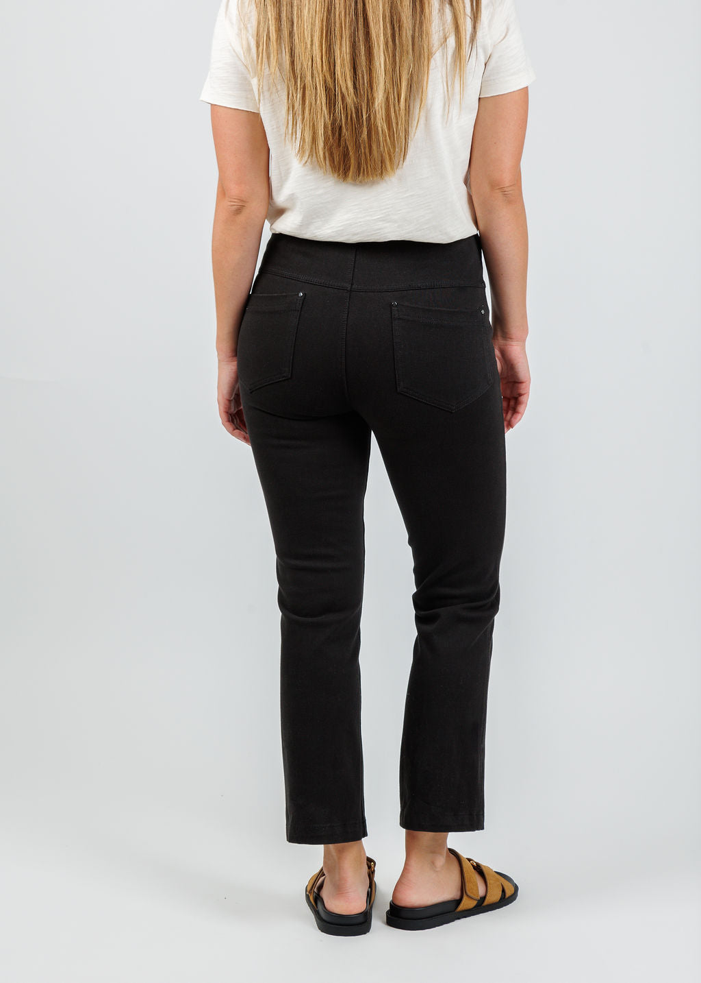 Lysse Ankle Denim Baby Bootcut Pants in Black available at Barbara Katz