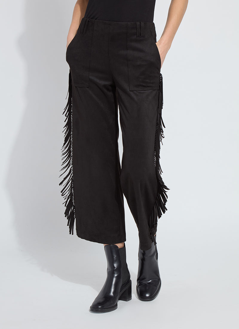 Lysse Cooper Fringe Leg Crop Vegan Suede Pants in Black available at Barbara Katz