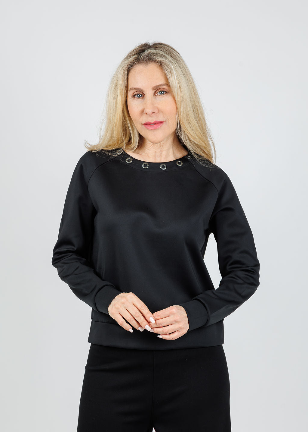 Lysse Desi Grommet Detail Neoprene Pullover in Black available at Barbara Katz