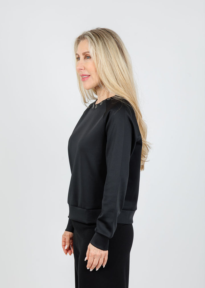 Lysse Desi Grommet Detail Neoprene Pullover in Black available at Barbara Katz