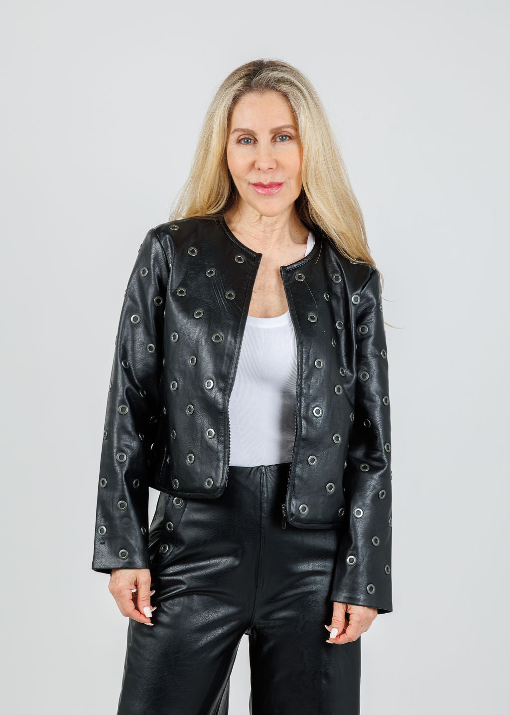 Lysse Geneva Grommet Vegan Leather Jacket in Black available at Barbara Katz