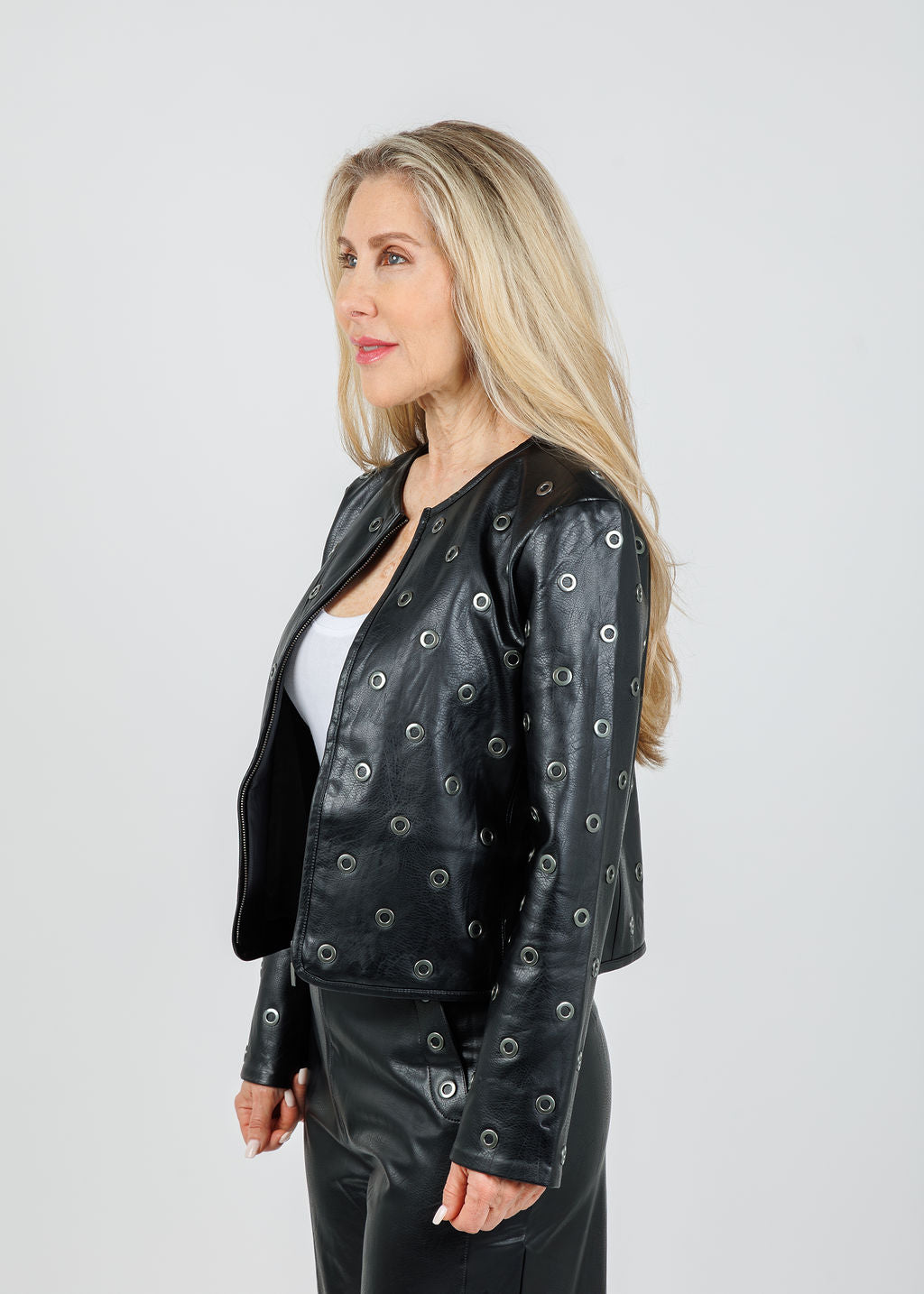 Lysse Geneva Grommet Vegan Leather Jacket in Black available at Barbara Katz