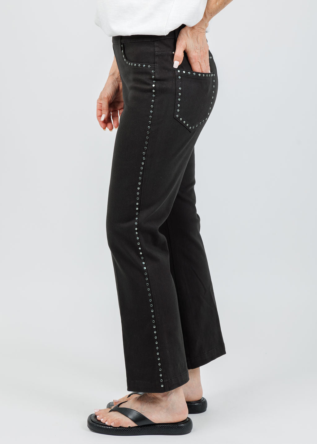 Lysse Jordene Studded Ankle Baby Boot Jeans in Black available at Barbara Katz