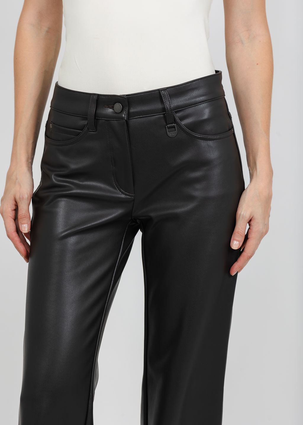 MAC 32" Wide Vegan Leather Pant in Brown available at Barbara Katz