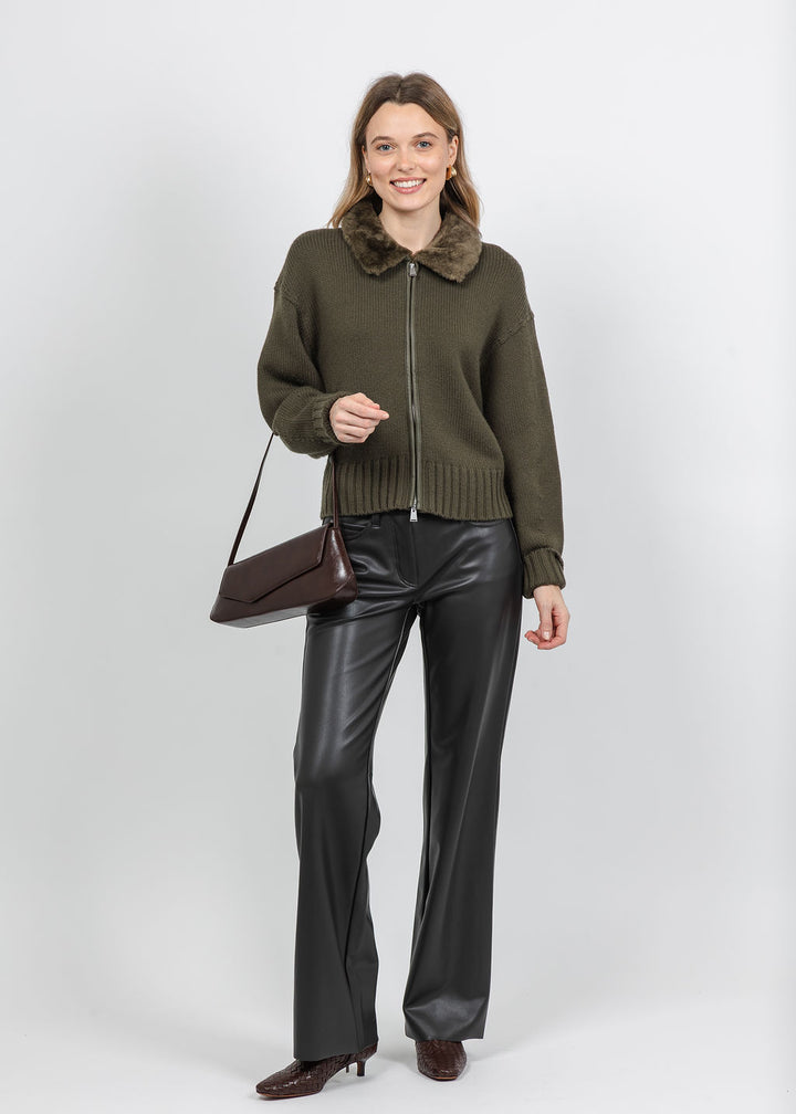 Simkhai Zorina Cardigan in Dark Olive paired with MAC 32" Wide Vegan Leather Pant in Brown available at Barbara Katz