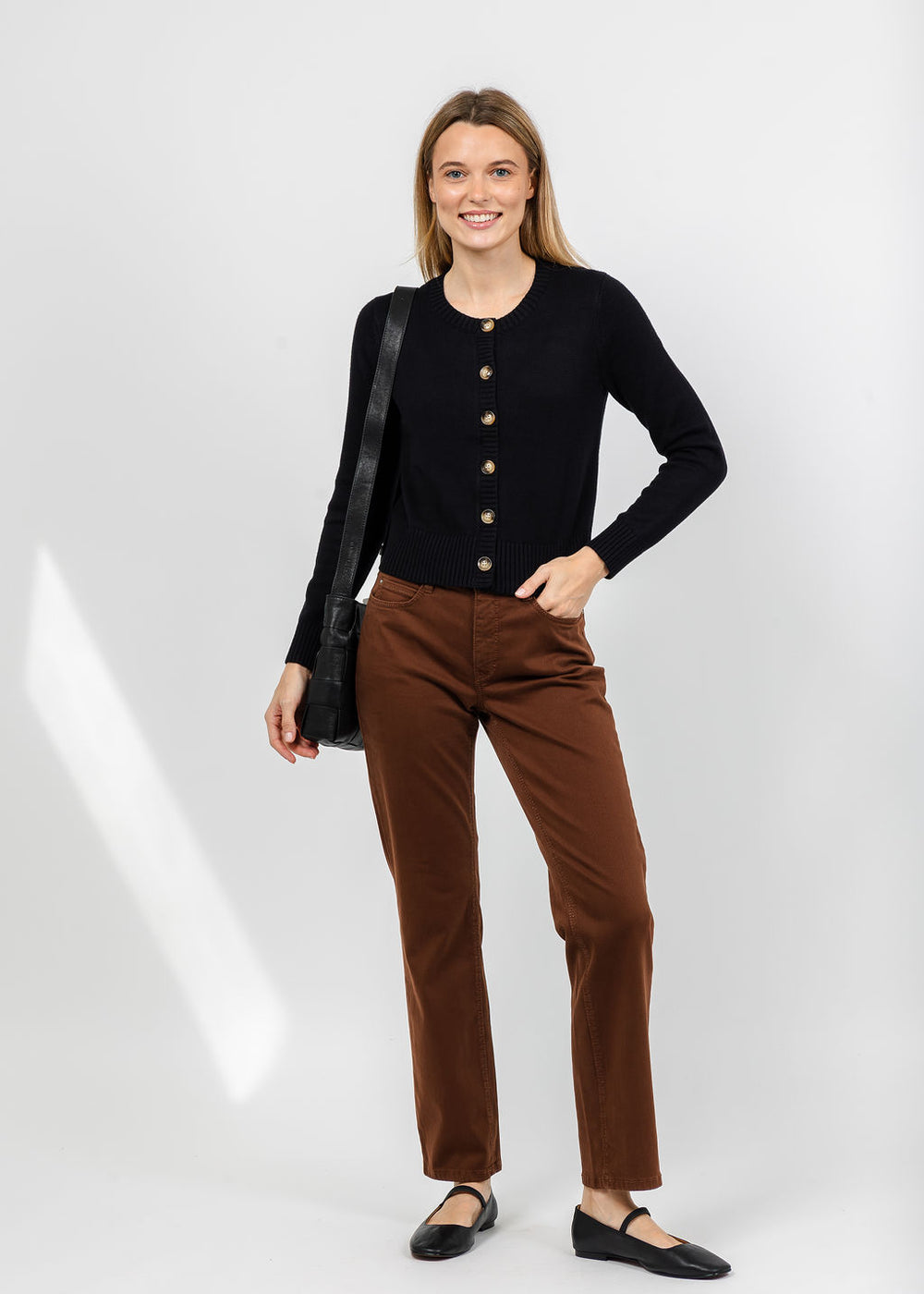 J Society Tort Button Cardigan in Black paired with MAC Dream Straight Jeans 30" in Bison Brown available at Barbara Katz
