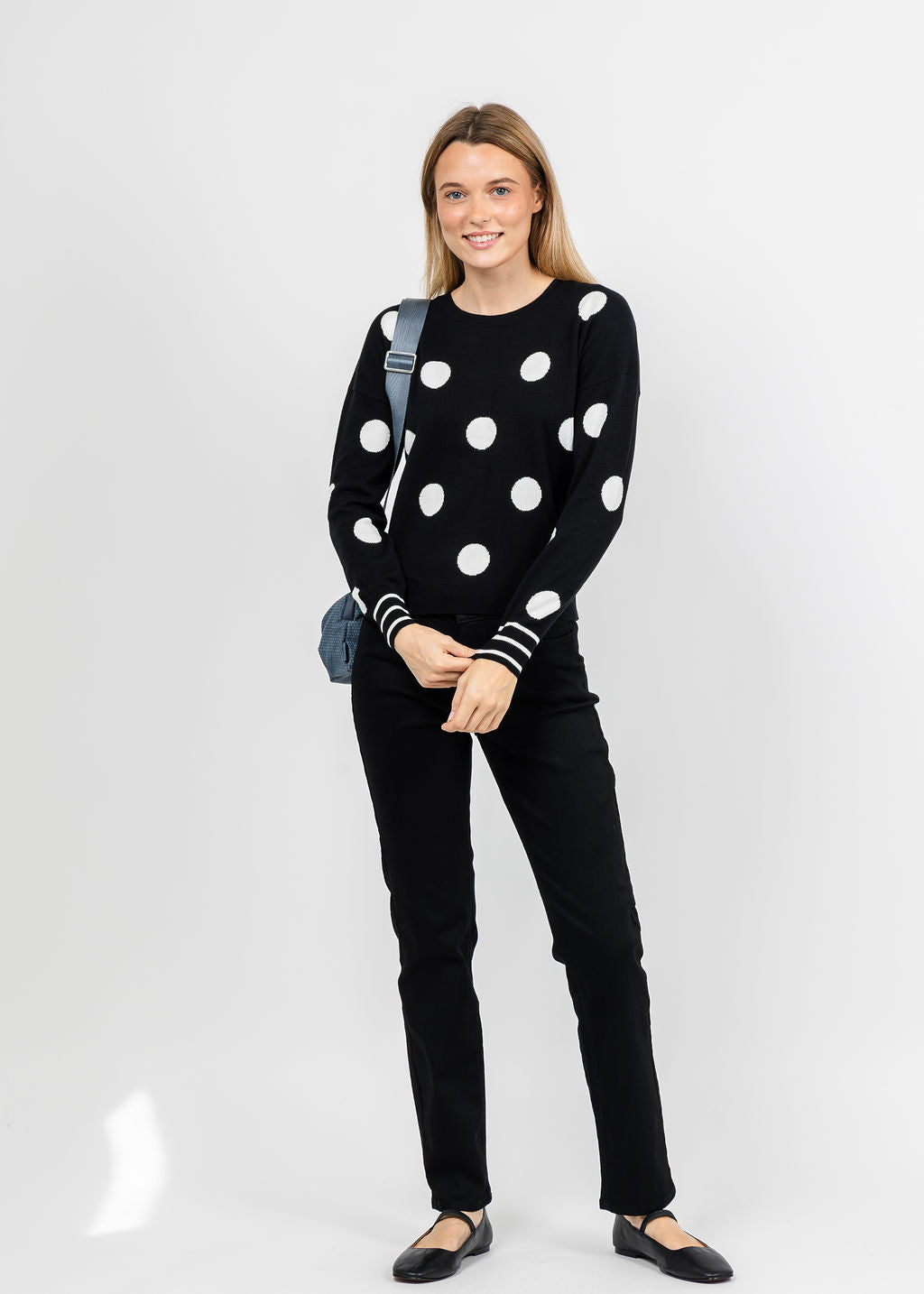 J Society Polka Dot Crew Sweater in Black/Milk paired with MAC Dream Straight Jeans 30" in Black available at Barbara Katz