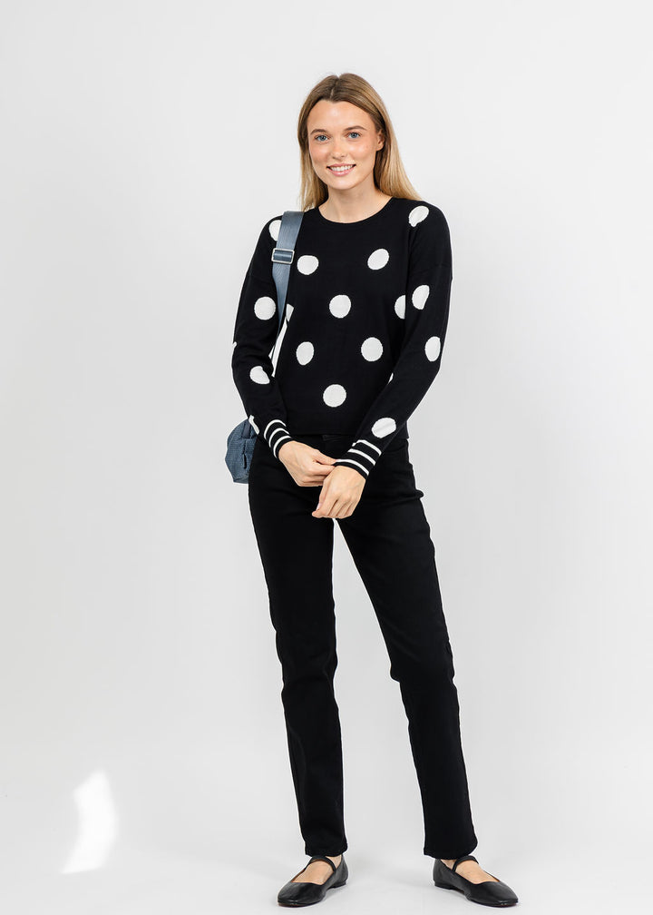 J Society Polka Dot Crew Sweater in Black/Milk paired with MAC Dream Straight Jeans 30" in Black available at Barbara Katz