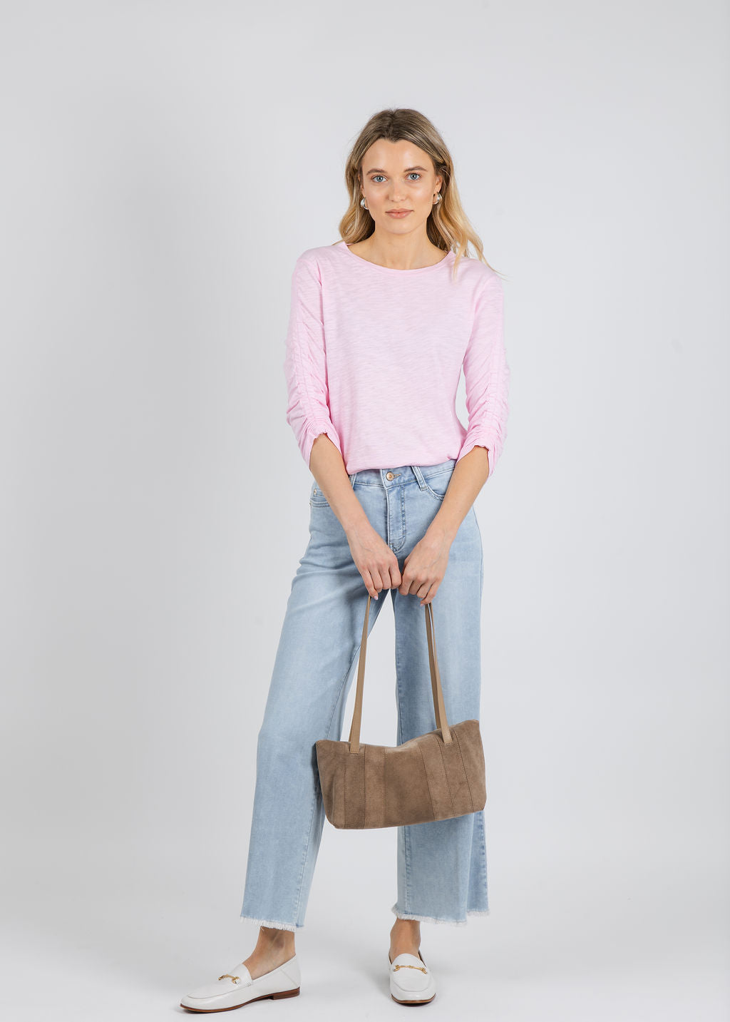Elliott Lauren Crissy Crew Neck Ruched Sleeve Tee in Petal paired with MAC Dream Wide Crop Wonder Jeans in Light Azure Blue available at Barbara Katz