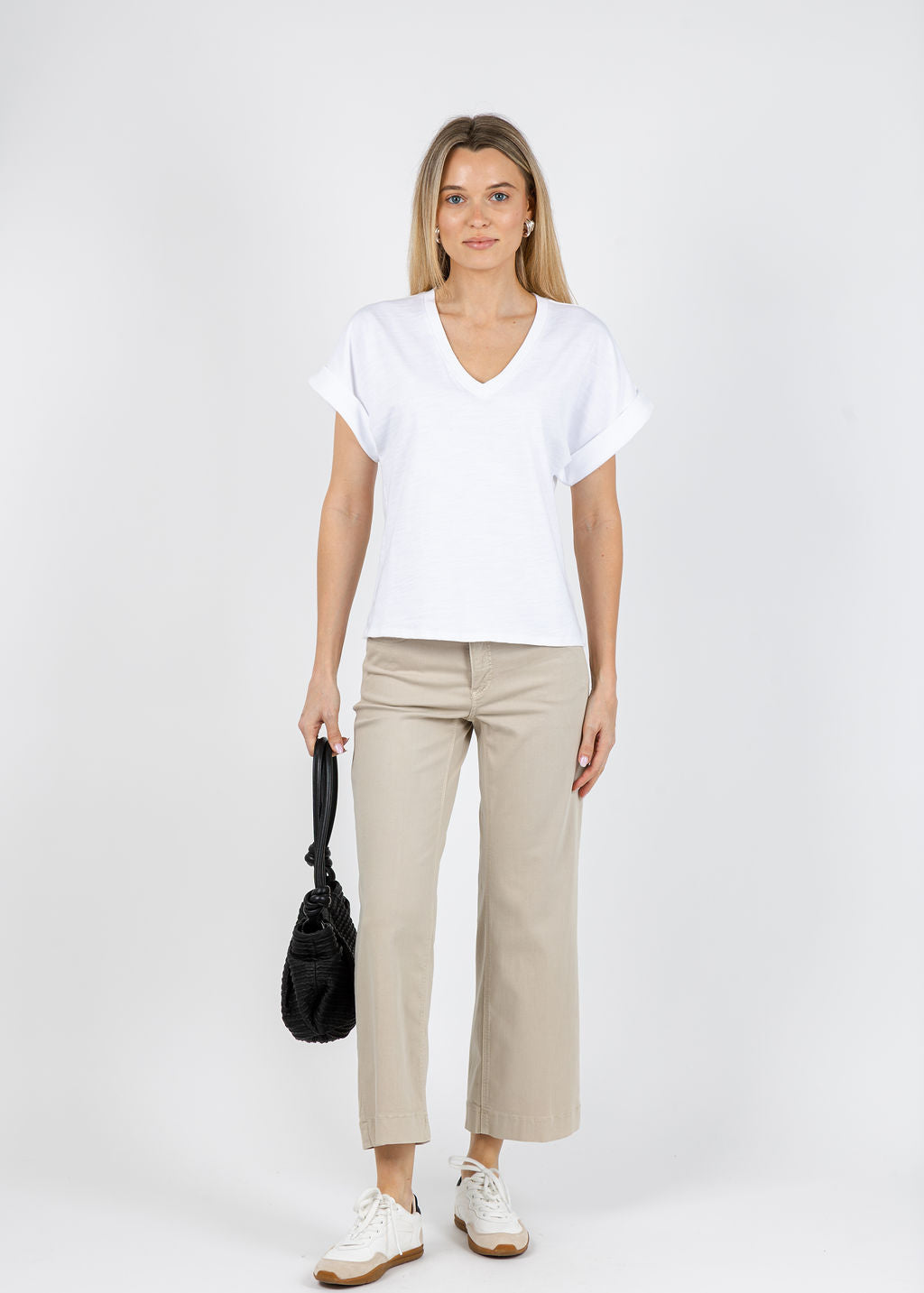 Nation Stevie Cuffed V-Neck Tee in Optic White paired with MAC Dream Wide Crop Wonderlight Jeans in Smoothly Beige available at Barbara Katz