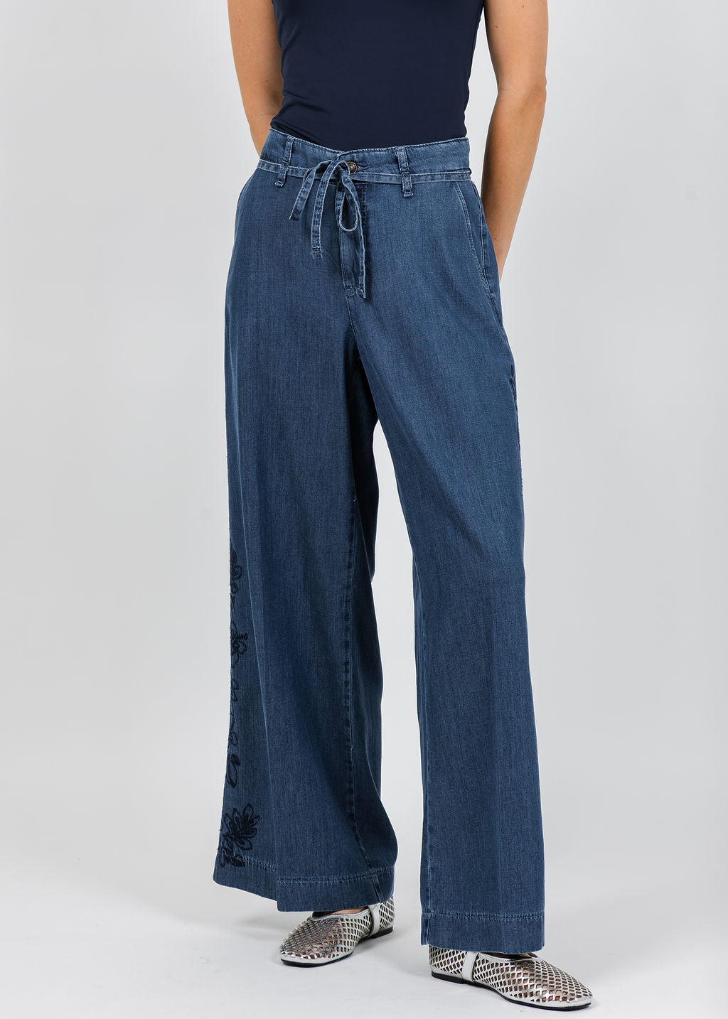 MAC Dream Wide Embroidered Flower Crop Jeans available at Barbara Katz