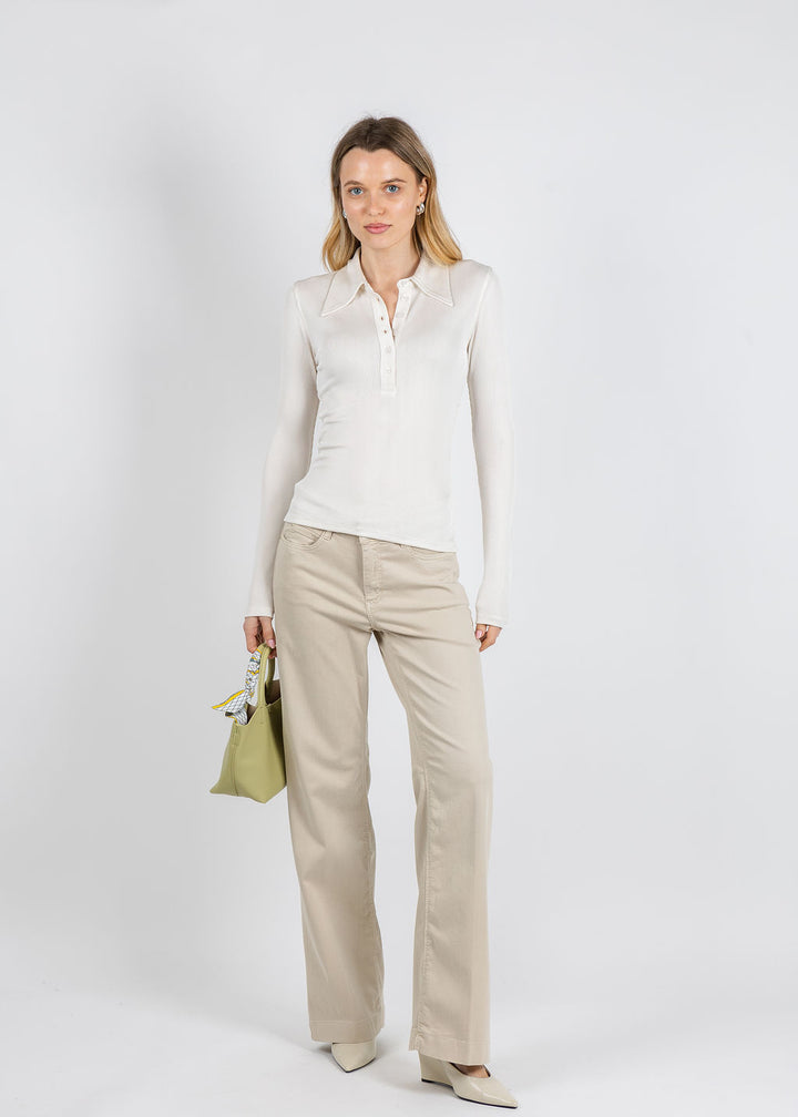 Citizens of Humanity Shaea Polo in Pashmina paired with MAC Dream Wide Wonderlight Jeans 32" in Smoothly Beige available at Barbara Katz