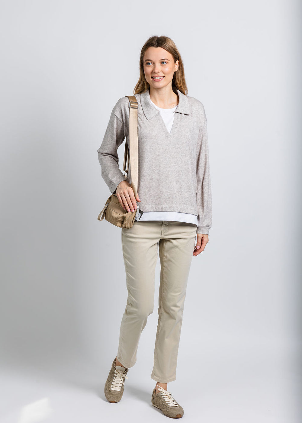 Nally & Millie Carmen Cashmere Like Layered Polo in Oatmeal paired with MAC Jeans 27" Dream Cropped Denim in Smoothly Beige available at Barbara Katz