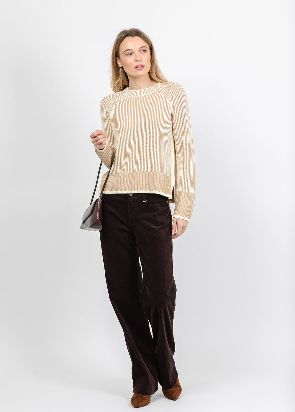 J Society Plaited Crew Sweater in Wheat/Ivory paired with MAC 32" Wide Baby Corduroy Pant in Brown available at Barbara Katz