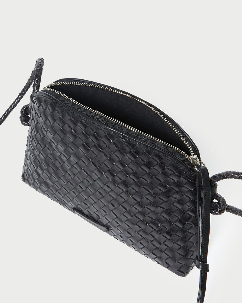 Loeffler Randall Mallory Woven Crossbody in Black Square Weave Leather available at Barbara Katz