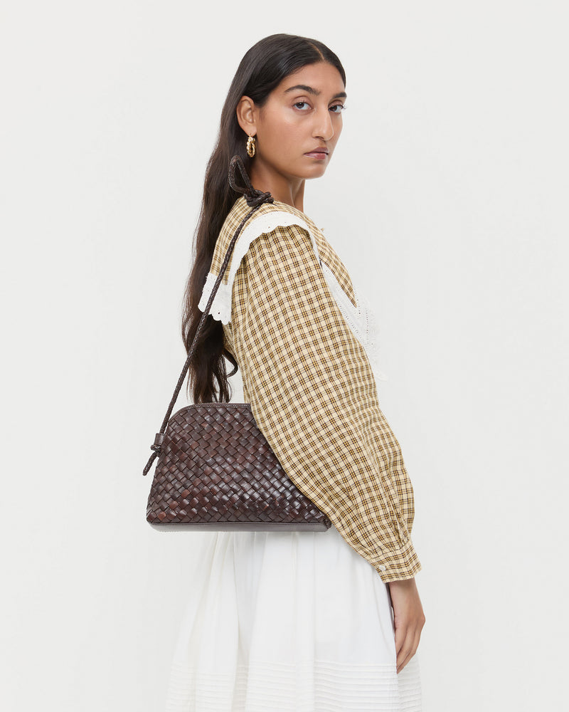 Loeffler Randall Mallory Woven Crossbody in Chocolate Square Weave Leather available at Barbara Katz