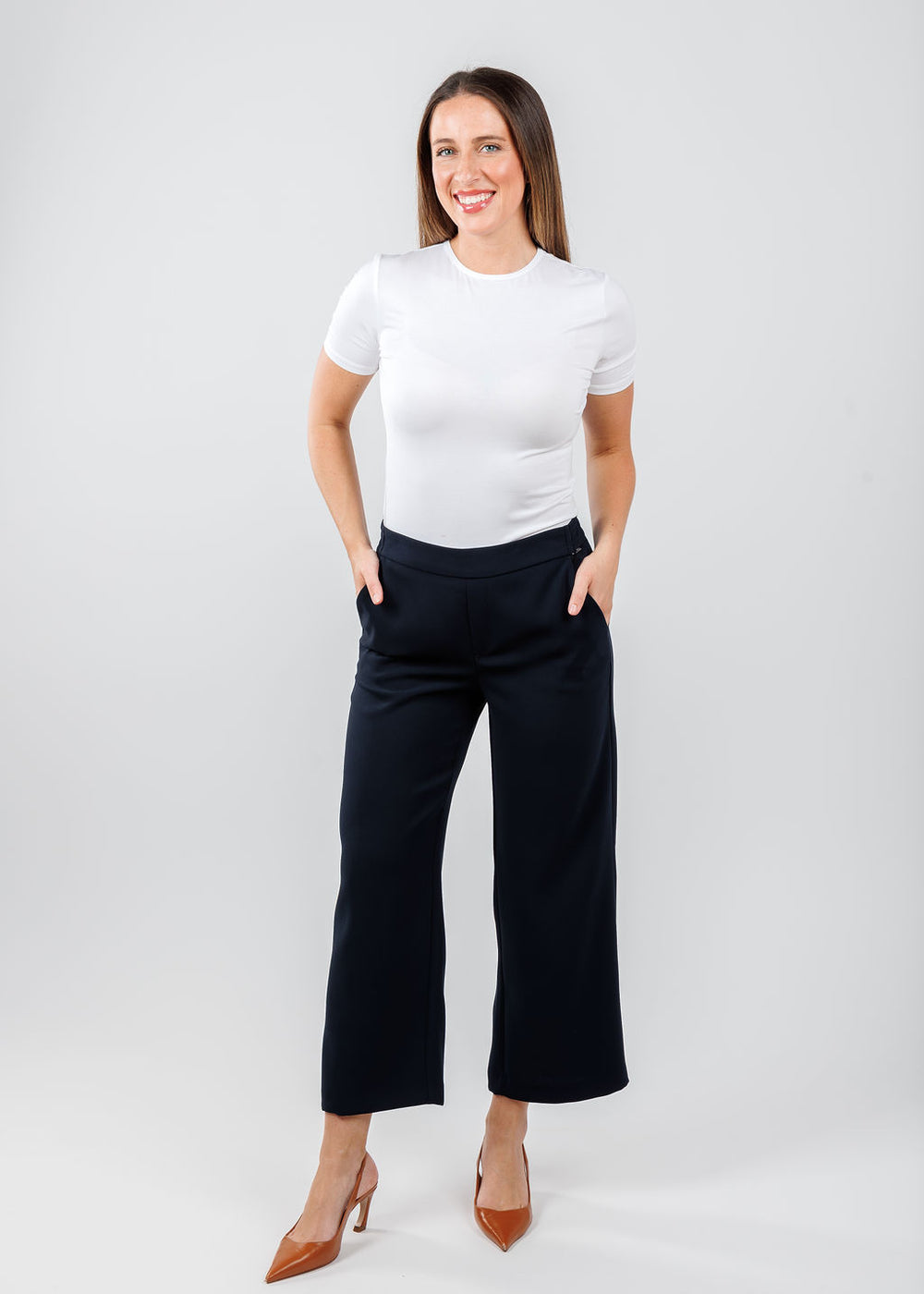 MAC Chiara Crop Floating Crepe Pants in Navy available at Barbara Katz
